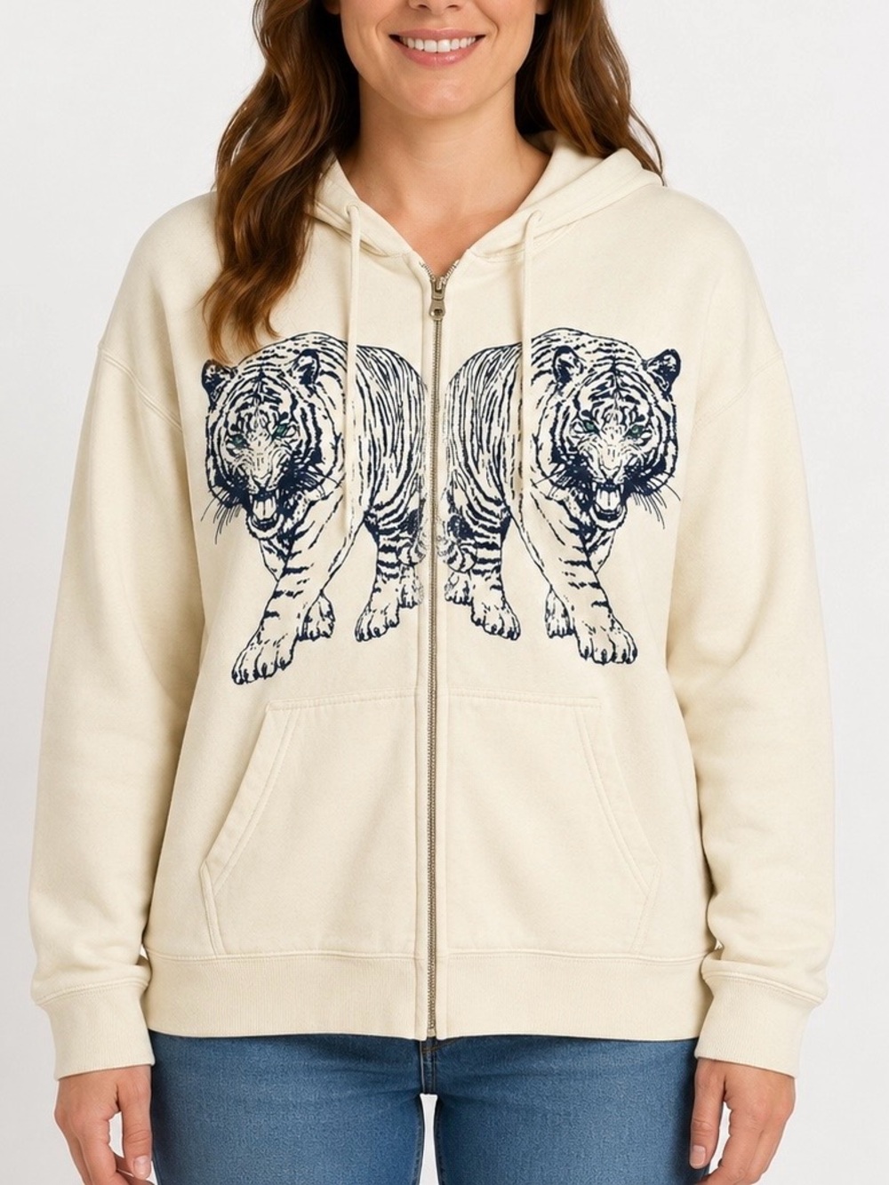 Project Social T Tiger Graphic Zip-Up Hoodie Cream Large